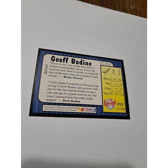 Vintage 1991 Maxx Geoff Bodine #11 Race Car Nascar Trading Card - Picture 2 of 2